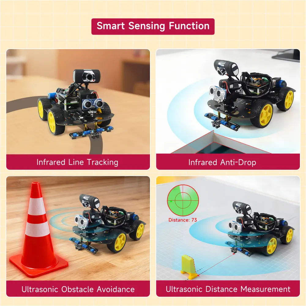 Smart Robot Car Kit with Raspberry Pi 4B/5, Open Source Python, AI Visual Recognition Line Tracking Obstacle Avoidance, Electronic DIY Kit Programming Robotic Gifts (with Raspberry Pi 4B4G)
