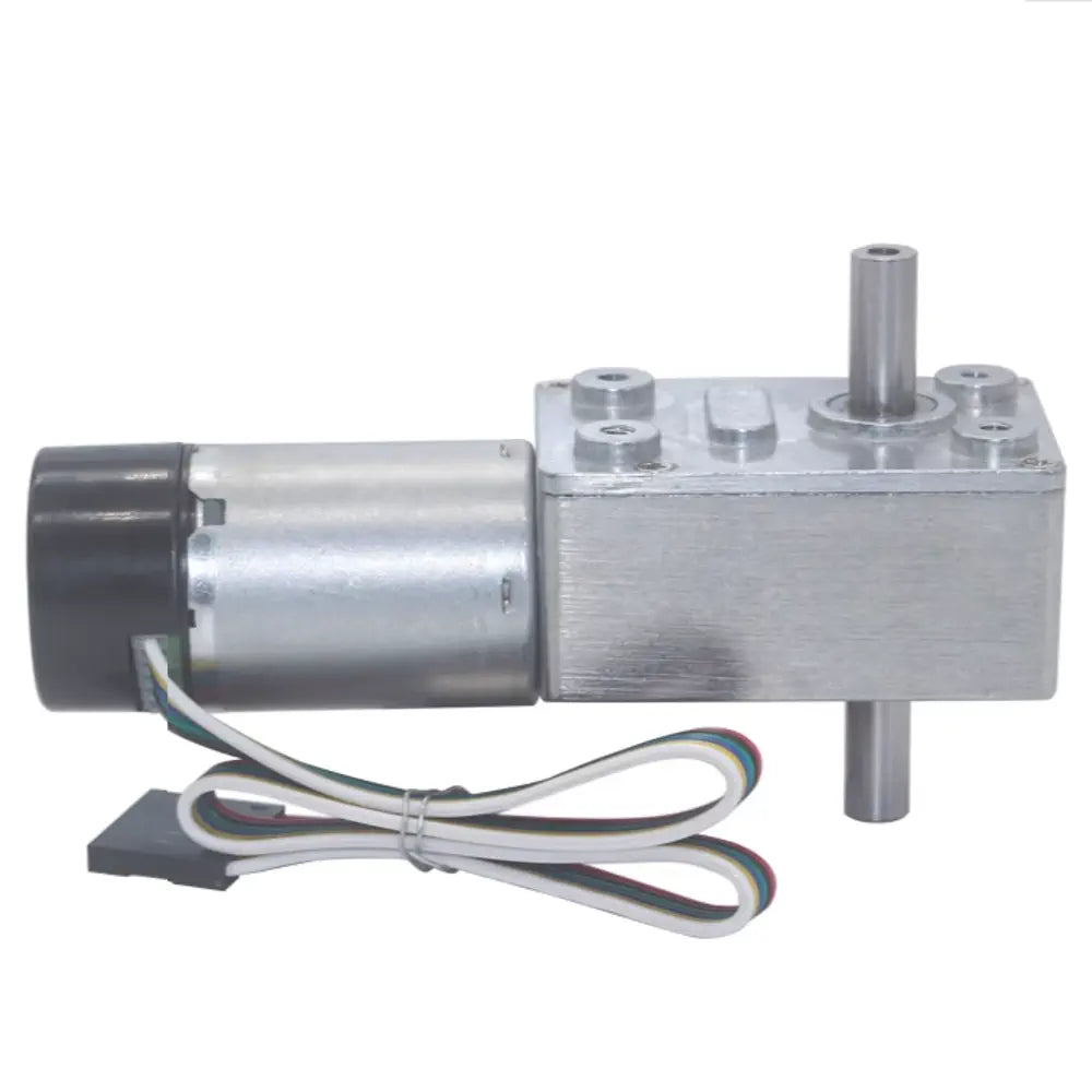 Compact size DC worm gear motor with dual shaft and encoder 12V - 150RPM