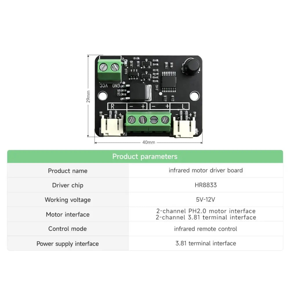 Infrared Remote Control Motor Driver Kit - Dual Motor Controller Module with Receiver and PH2.0 Interfaces, Includes Remote &amp; Battery Box, Easy to Install for Robotics, DIY Projects