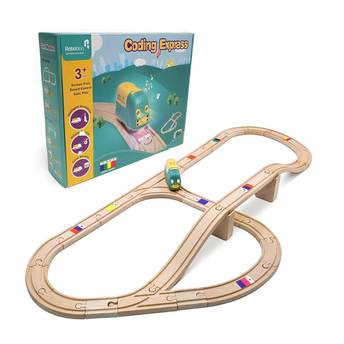 Robobloq Coding Express Educational STEAM Wooden Train Set w/ 25 Pieces Tracks