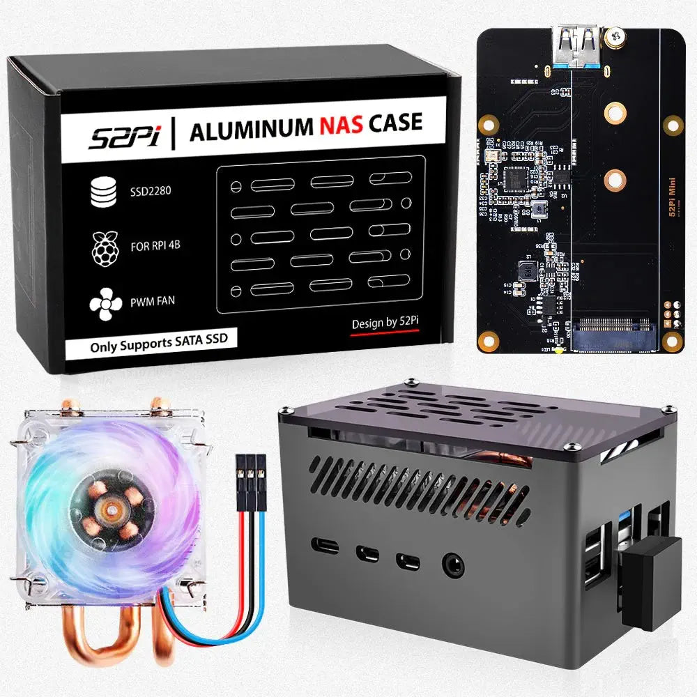 52Pi NAS Case w/ Low-Profile Fan Sata SSD for Raspberry Pi
