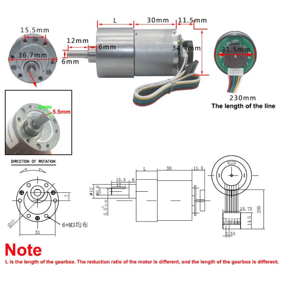 37Dx54L mm 12V 111RPM Metal Brushed Geared Motor w/ Encoder