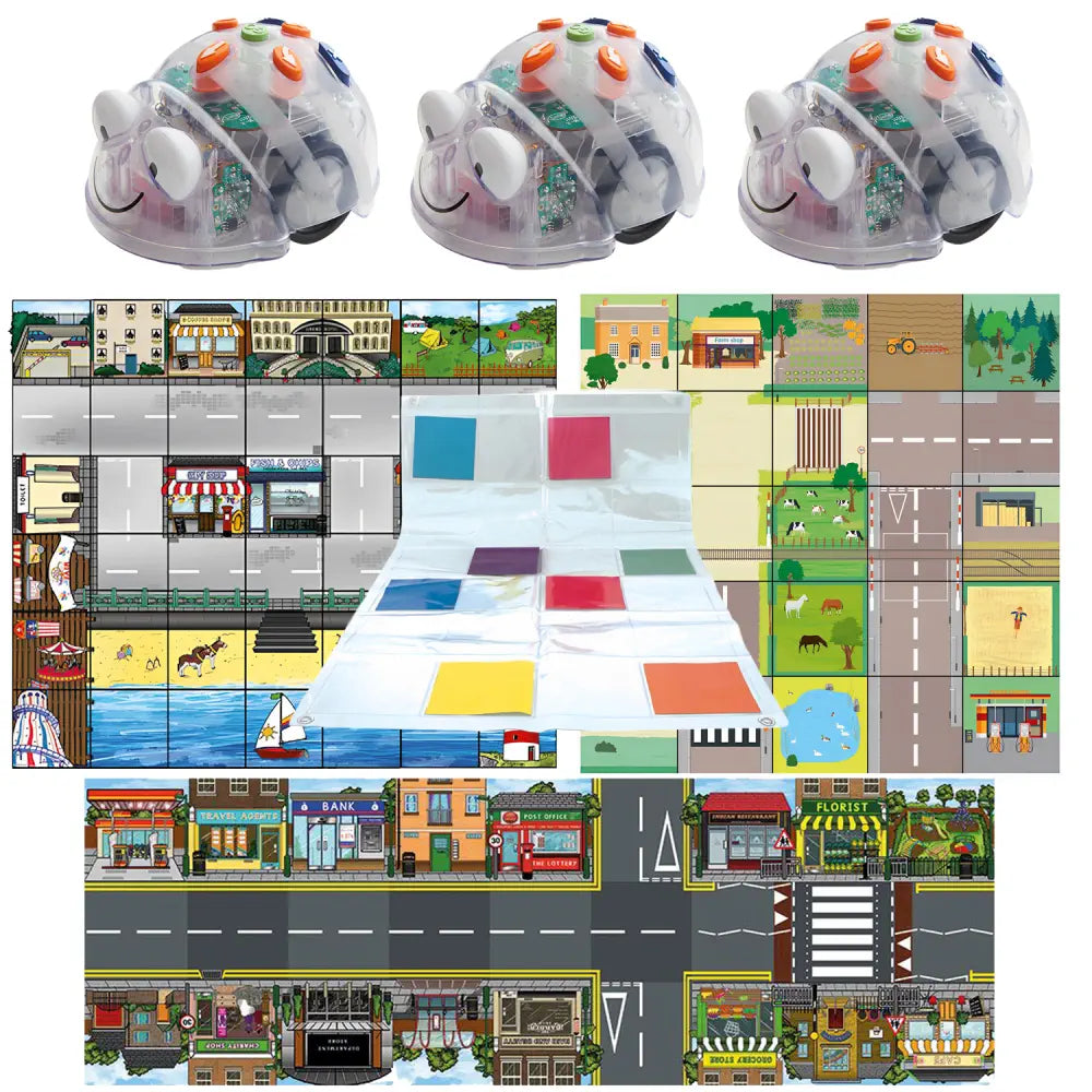 TTS 3 Blue-Bot Classroom Bundle with 4 Mats - Country Side, Seaside, Busy Street &amp; Transparent Pocket - Bluetooth Programmable Robots for STEM, Coding &amp; Early Learning | Ages 3+