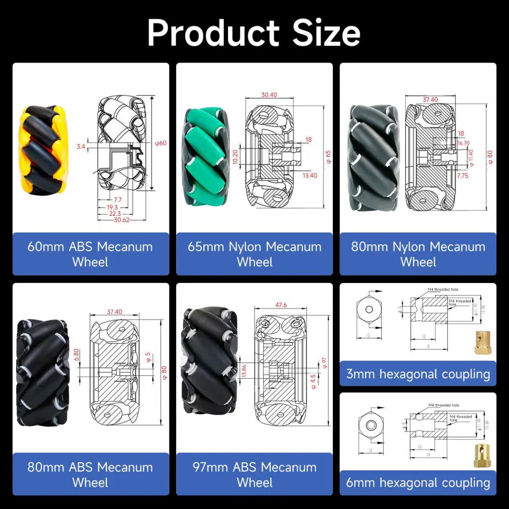 Yahboom Mecanum Wheel Kit for DIY robot or programmable smart car-97mm wheel (ABS) *4+6mm coupling*4
