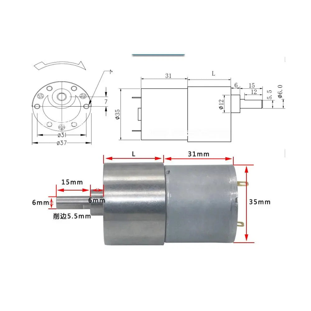 37Dx52L mm  12V 531RPM Metal Brushed Geared Motor
