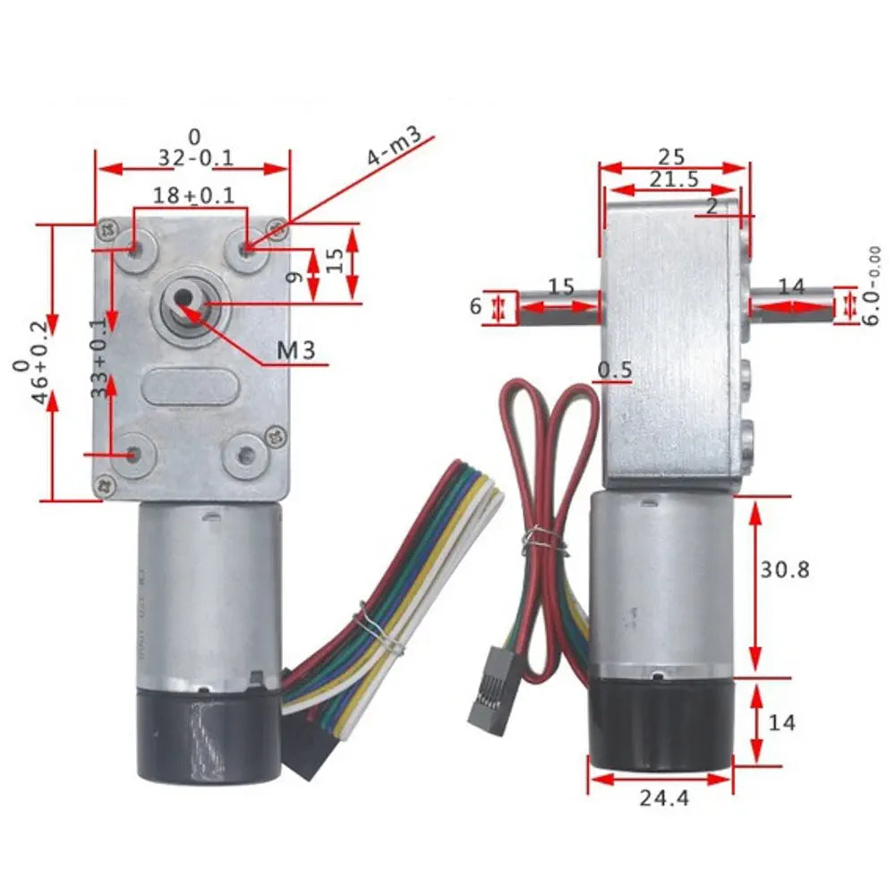 Compact size DC worm gear motor with dual shaft and encoder 6V - 30RPM
