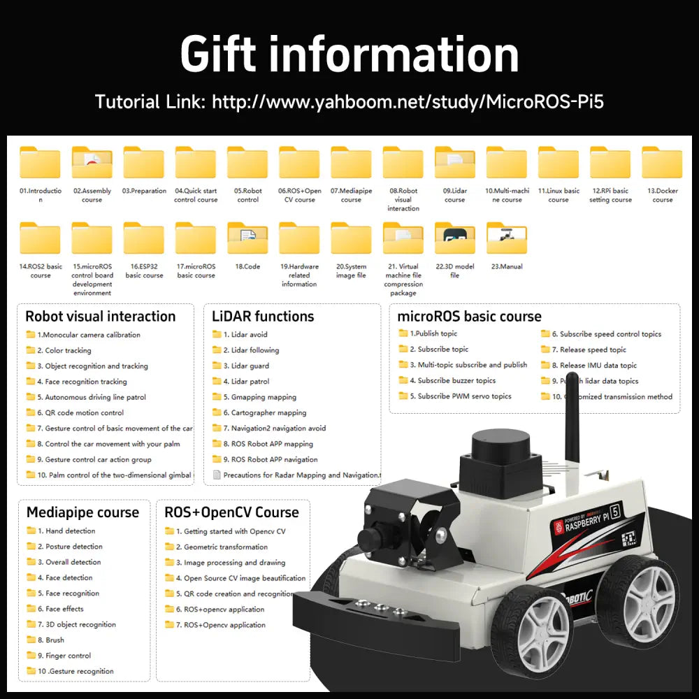 Yahboom Raspberry Pi 5 AI Visual ROS2 Robot Car Kit 2DOF Lidar Stem ...