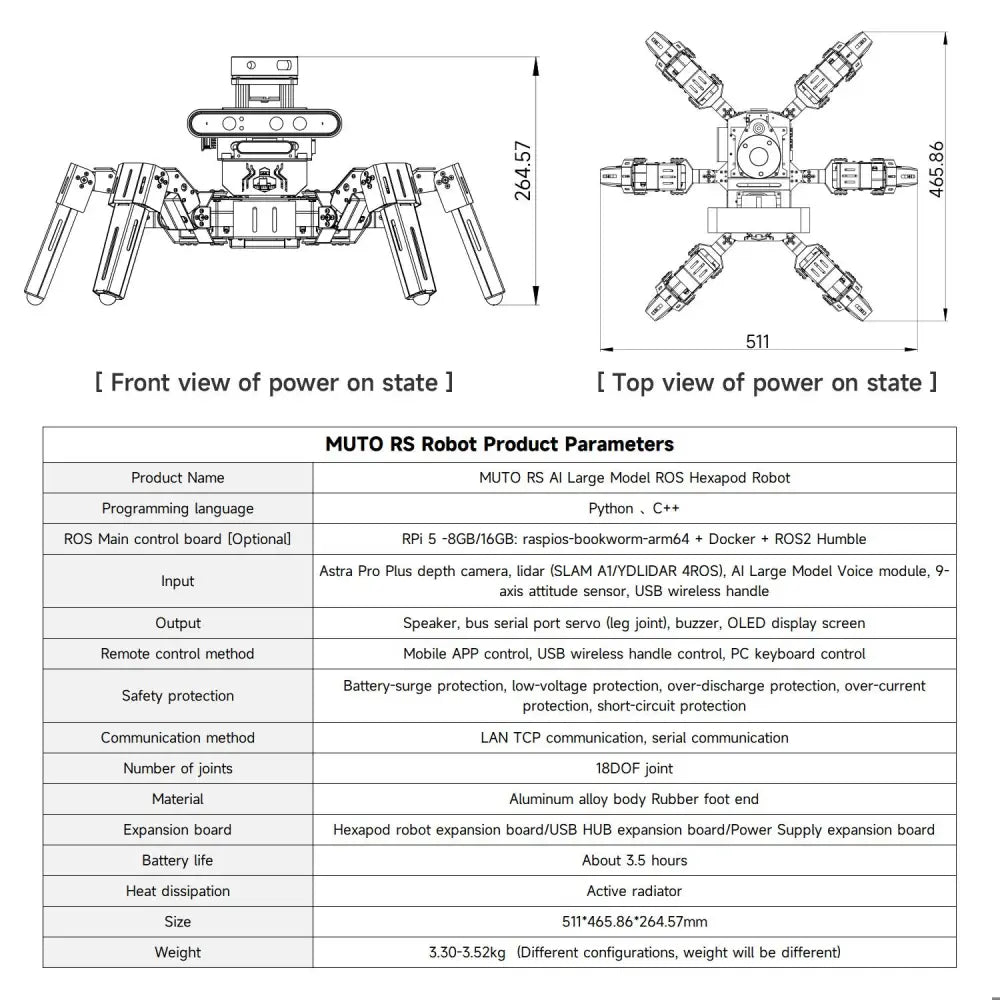 18DOF Muto RS AI Large Model Hexapod Robot ROS2 for Raspberry Pi 5--A1 Lidar Kit With Pi5 8GB