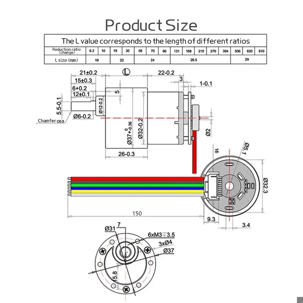 12V 320RPM Brushed DC Gear Motor 37D W/ Encoder