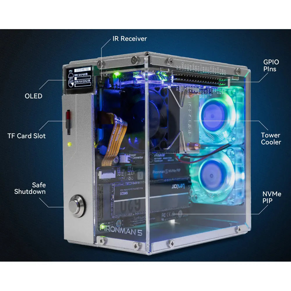 Pironman 5 NVMe M.2 SSD PCIe Mini PC Case for Raspberry Pi 5