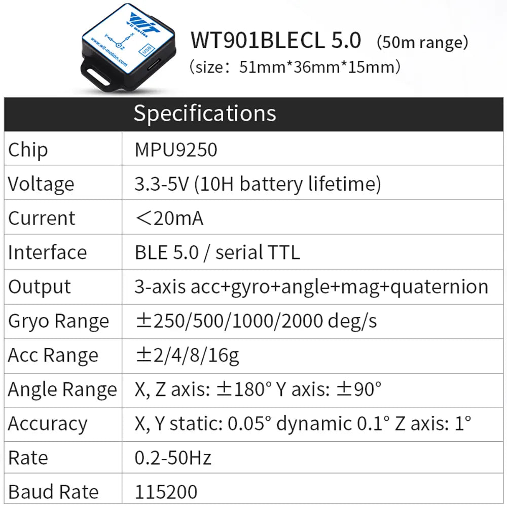 WITMOTION WT901BLECL MPU9250 High-Precision 9-Axis Gyroscope, Accelerometer, Magnetometer, 3-Axis Bluetooth AHRS IMU Sensor for Arduino