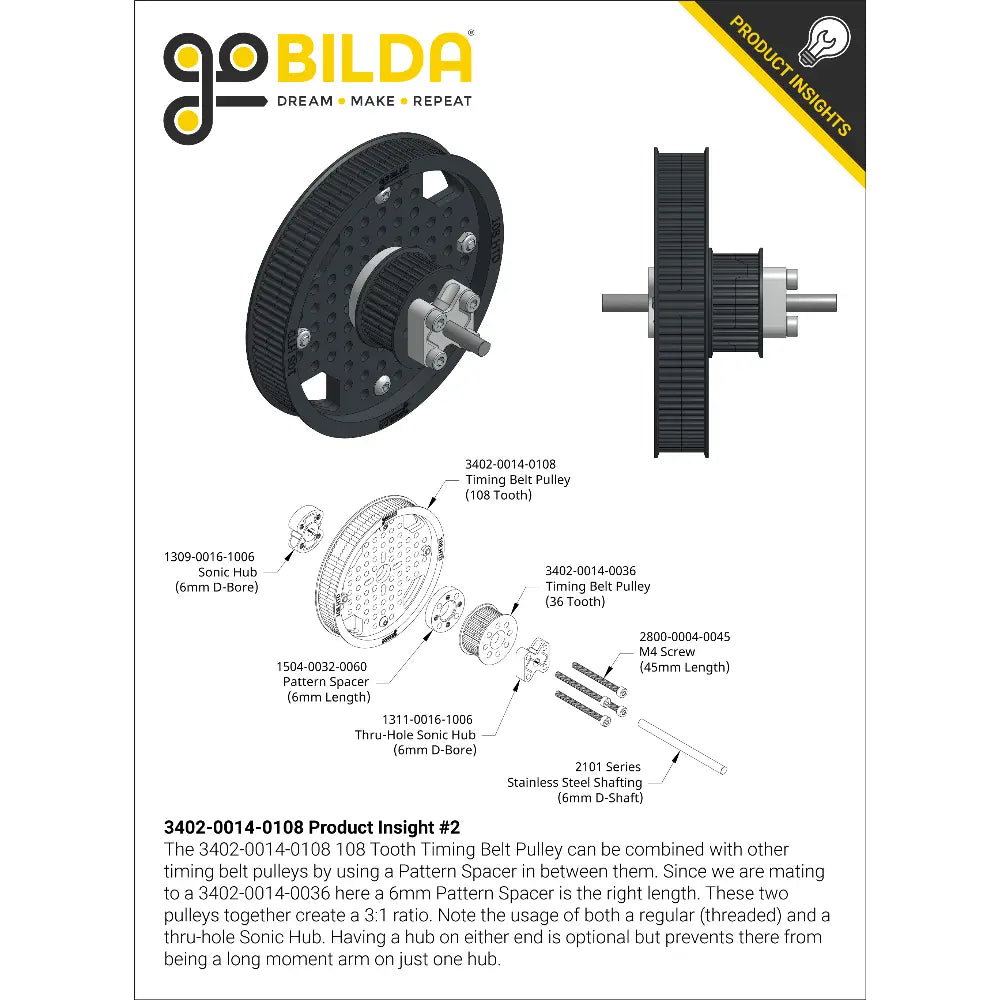 ServoCity 3402 Series 3mm HTD Pitch Plastic Hub Mount Timing Belt Pulley (14mm Bore, 108T)