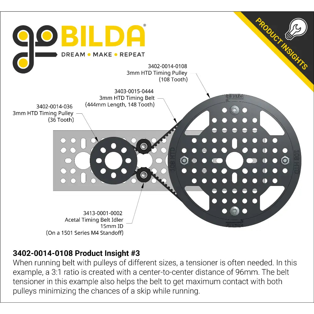 ServoCity 3402 Series 3mm HTD Pitch Plastic Hub Mount Timing Belt Pulley (14mm Bore, 108T)