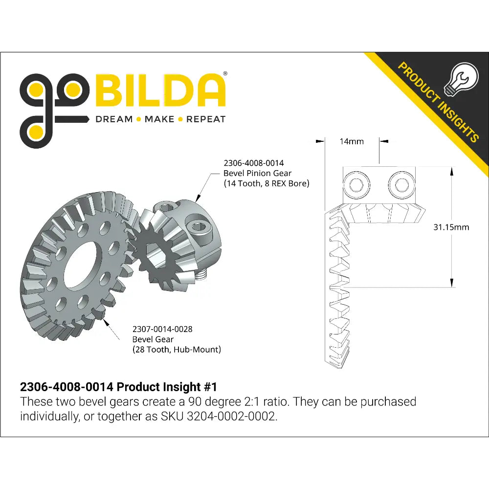ServoCity 2306 Series, MOD 1.5, Clamping Pinion Bevel Gear (8mm REX™ Bore, 14 Tooth)