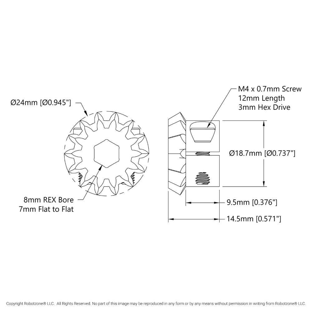 ServoCity 2306 Series, MOD 1.5, Clamping Pinion Bevel Gear (8mm REX™ Bore, 14 Tooth)