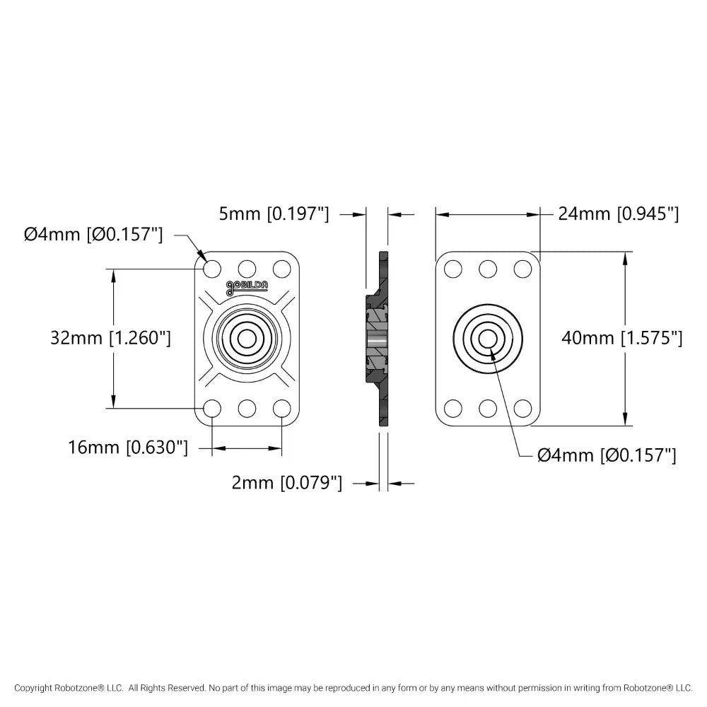 ServoCity 4mm Bore Flat Pillow Block (16mm x 32mm Mounting Pattern) - 2 Pack