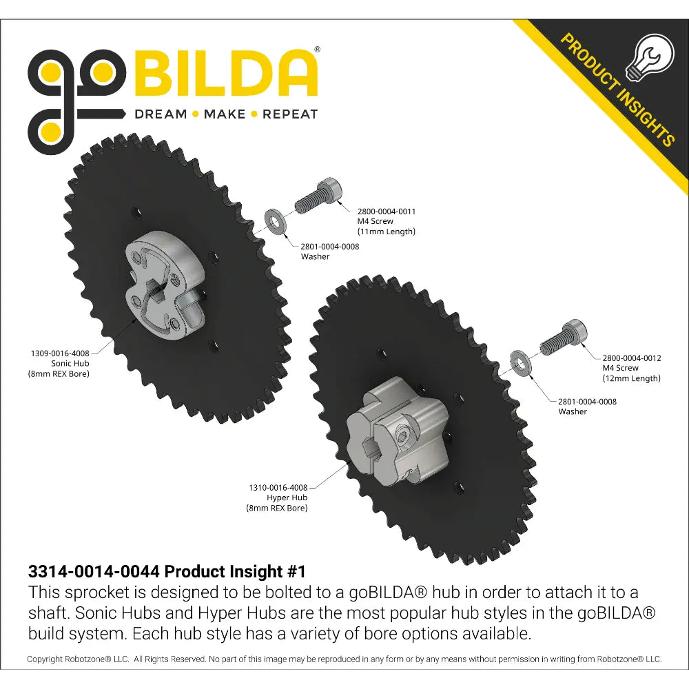 ServoCity #25 Pitch Acetal Hub-Mount Sprocket (14mm Bore, 44 Tooth)