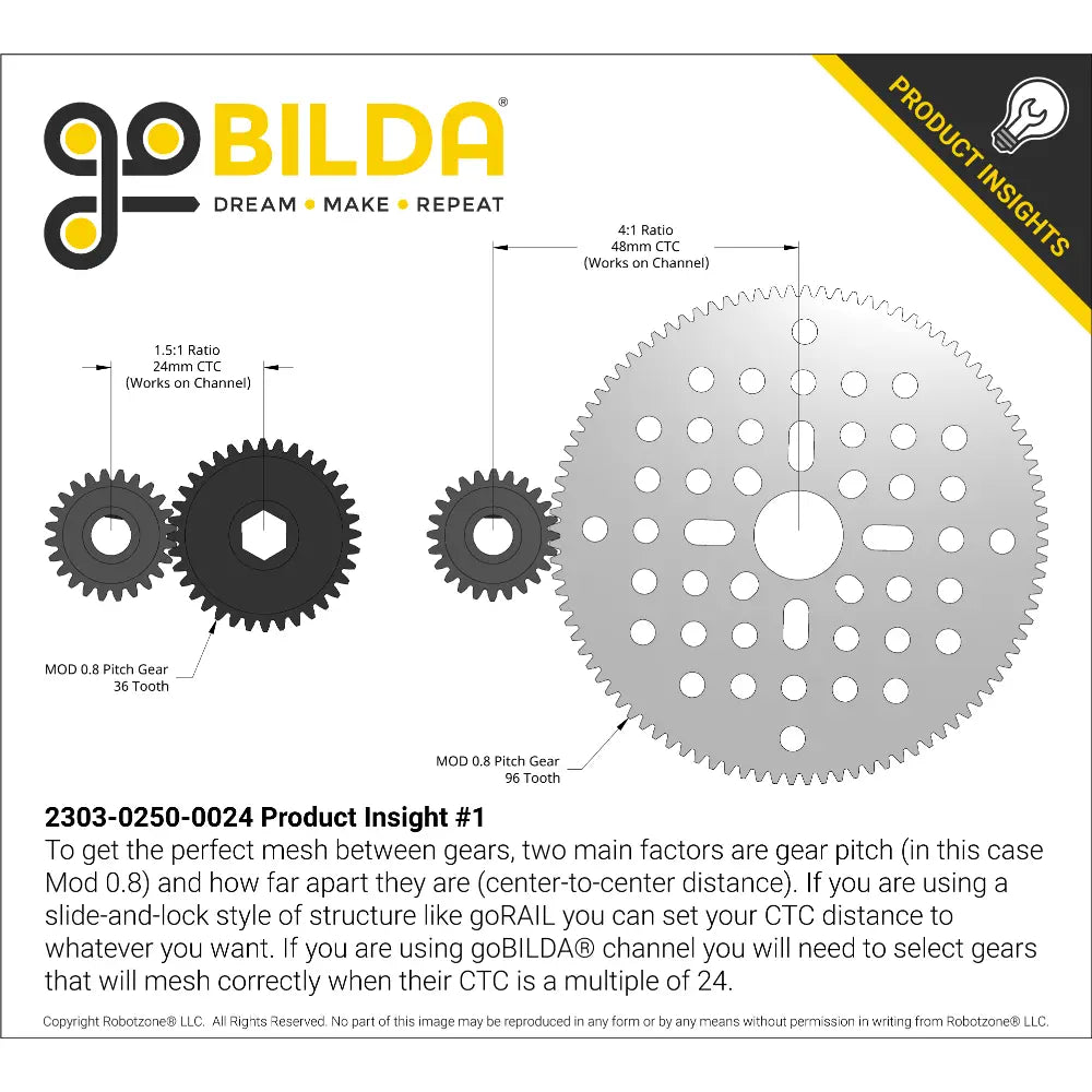ServoCity 2303 Series, MOD 0.8 Pinion Gear (1/4" Round Bore, 24 Tooth)