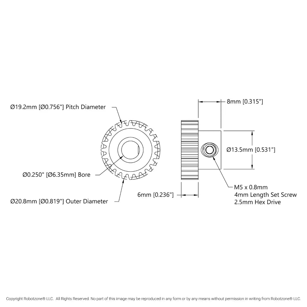 ServoCity 2303 Series, MOD 0.8 Pinion Gear (1/4" Round Bore, 24 Tooth)