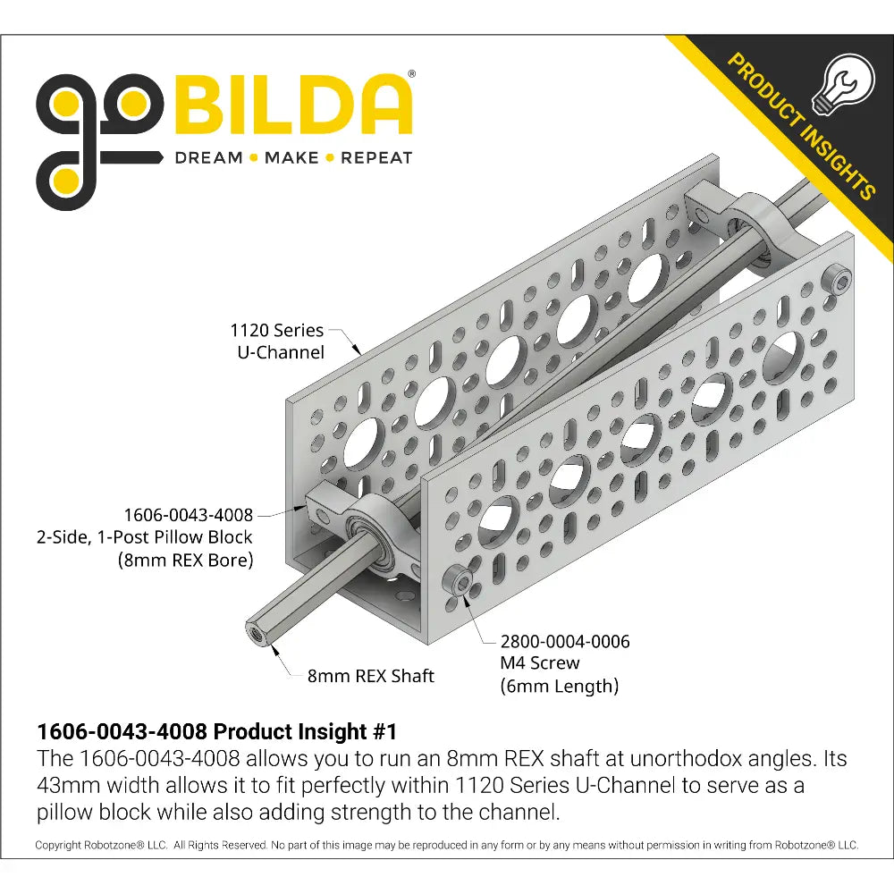 8mm REX™ Bore 2-Side, 1-Post Pillow Block (43mm Width)