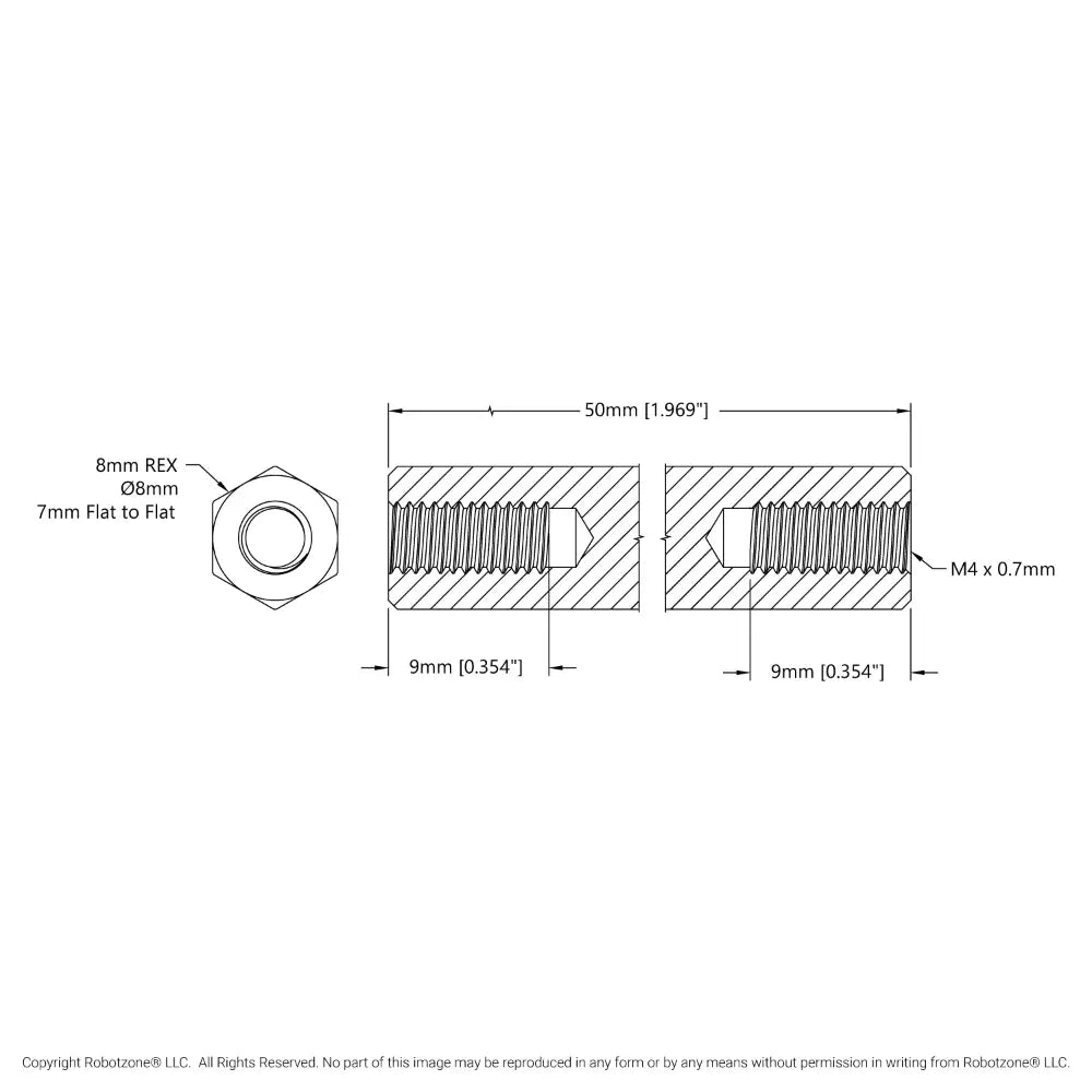 ServoCity 1516 Series 8mm REX™ Standoff (M4 x 0.7mm Threads, 50mm Length) - 4 Pack