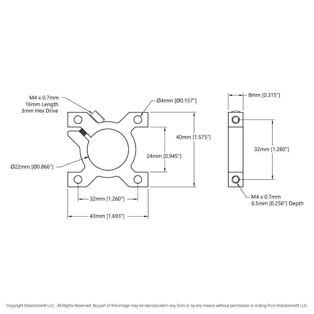 ServoCity 1401 Series 2-Side, 2-Post Clamping Mount (43mm Width, 22mm Bore)