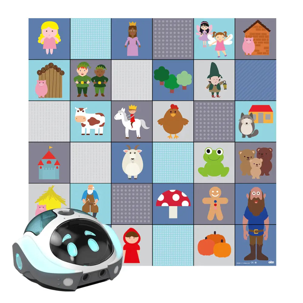 TTS Loti-Bot Coding Robot with Fairy Tale Mat Bundle - Rechargeable STEAM Block Based Programmable Learning Robot with Bluetooth App, Drawing Features &amp; Classroom Activity Playmat