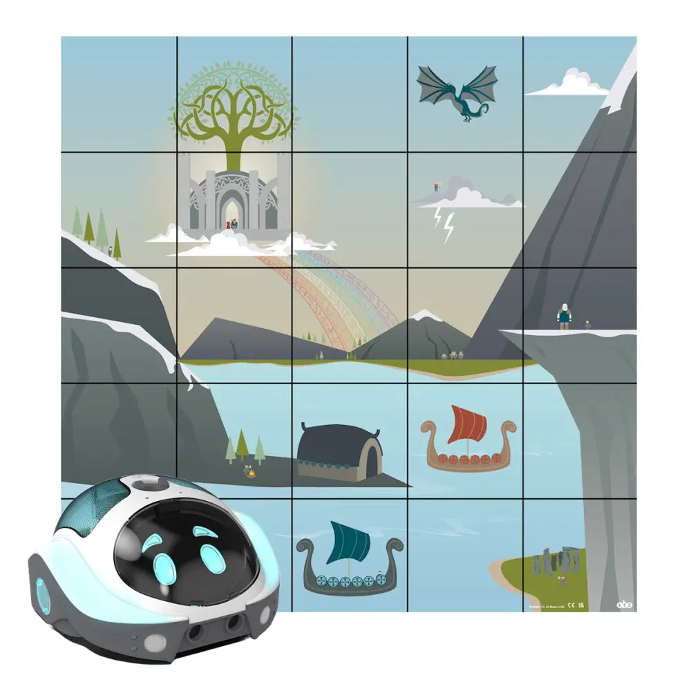 TTS Loti-Bot Coding Robot with Viking Mat Bundle - Rechargeable STEAM Block Based Programmable Learning Robot with Bluetooth App Control, Drawing Features &amp; Classroom Activity Playmat Set