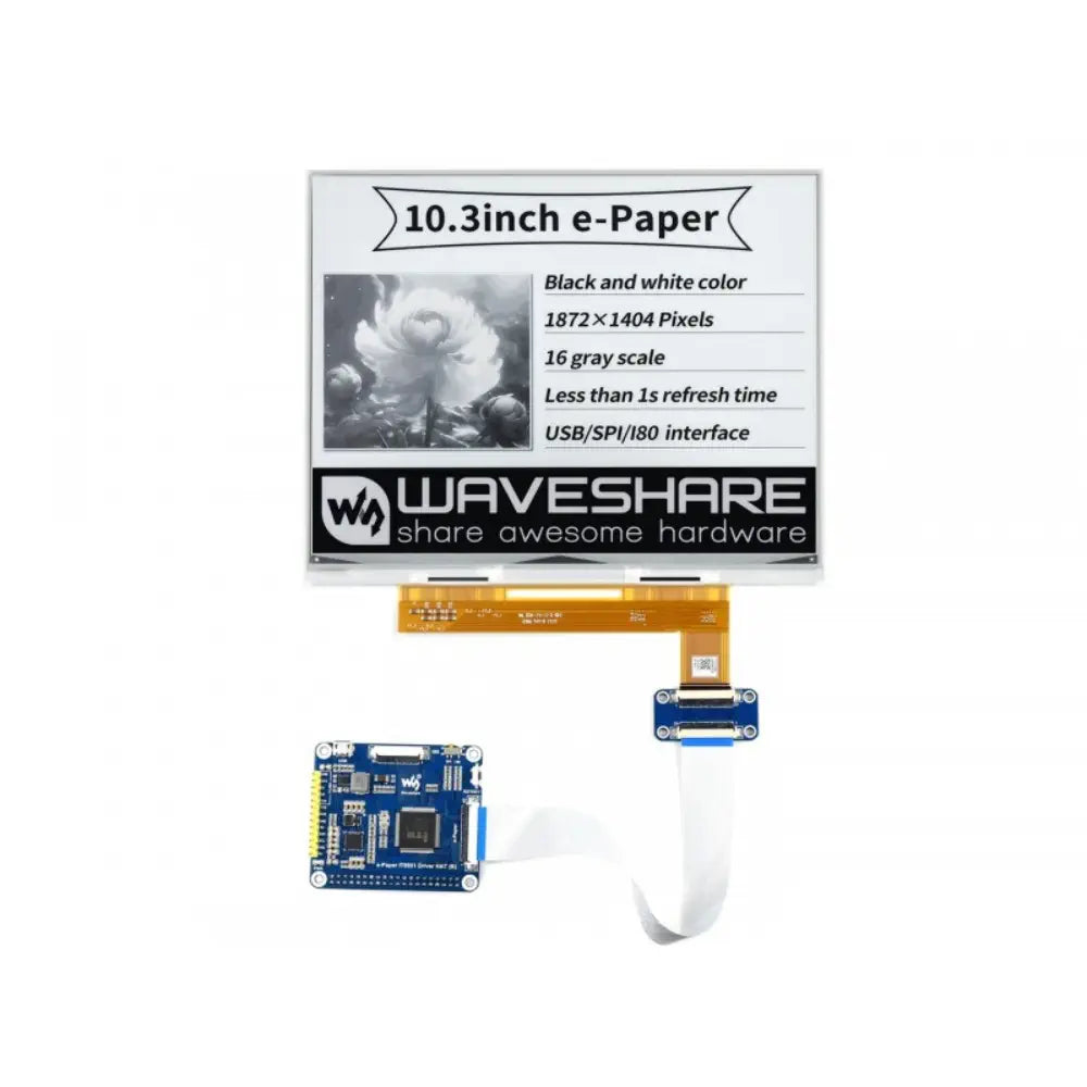 Waveshare 10.3" e-Paper E-Ink Display HAT for Raspberry Pi, 1872×1404, Black/White, 16 Grey Scales, USB/SPI/I80