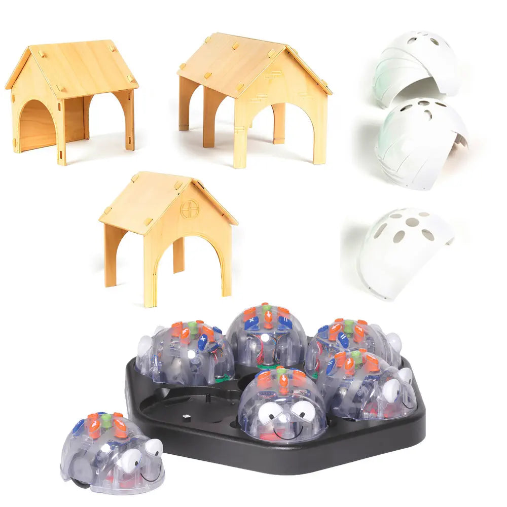 TTS 6 Blue-Bot Programmable Robots Bundle with Docking Station, 3 Wooden Tunnels &amp; FREE 10-Pcs Clip-On Shells White - STEM Coding &amp; Robotics Learning for Kids | Age 3+