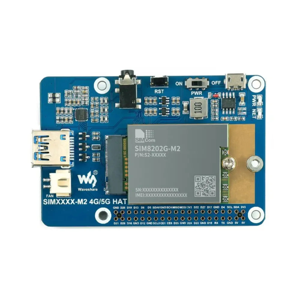 Waveshare SIM8202G-M2 5G HAT for Raspberry Pi, 5G/4G/3G Support, Snapdragon X55, Multi Mode Multi Band (US)