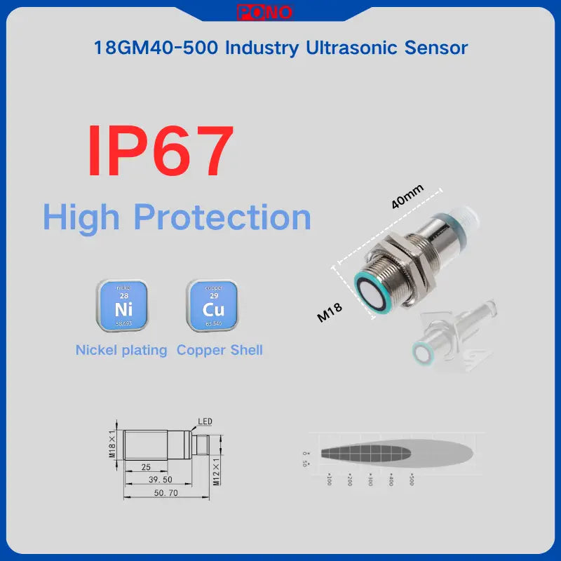 PONO Industrial Ultrasonic Sensor, Range 150/350/500mm, IP67