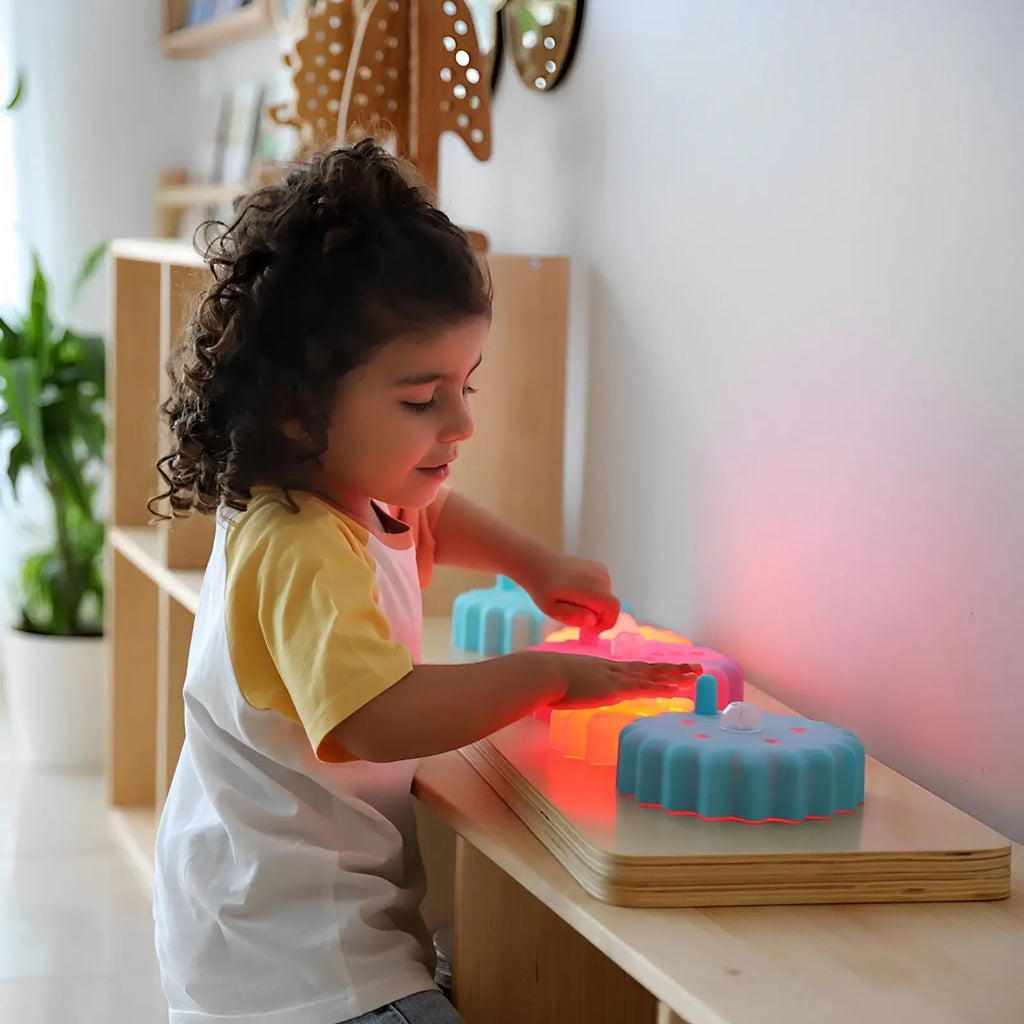 TTS Light Up Twist &amp; Turn Cog Board EY10971 Wooden Sensory STEM Activity Panel with LED Motion Gears Interactive Learning Resource