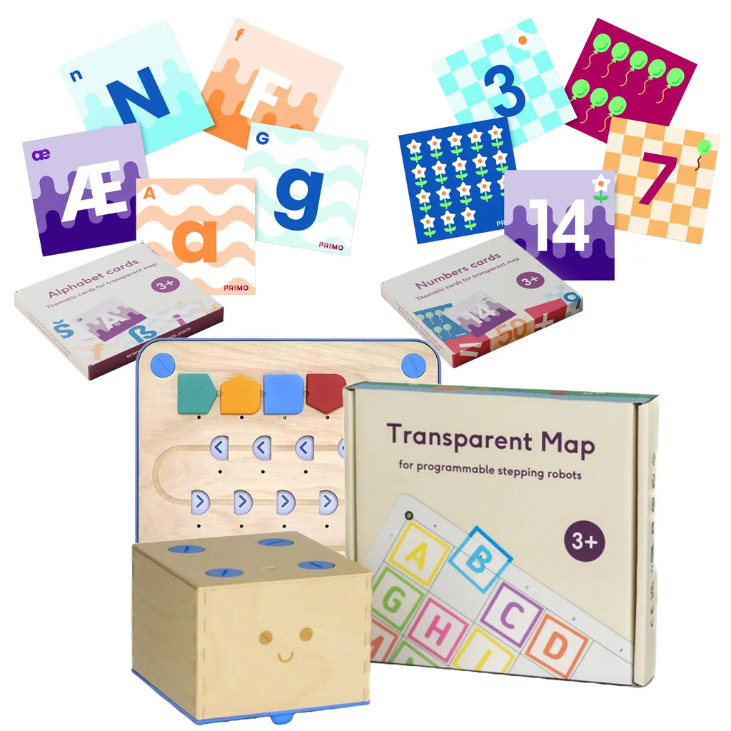 Primo Toys Cubetto Coding Robot Bundle Pack - Screen Free Programming - Hands on Coding with Transparent Mat, Number &amp; Alphabet Cards - STEM Learning Activities for Kids | Age 3+