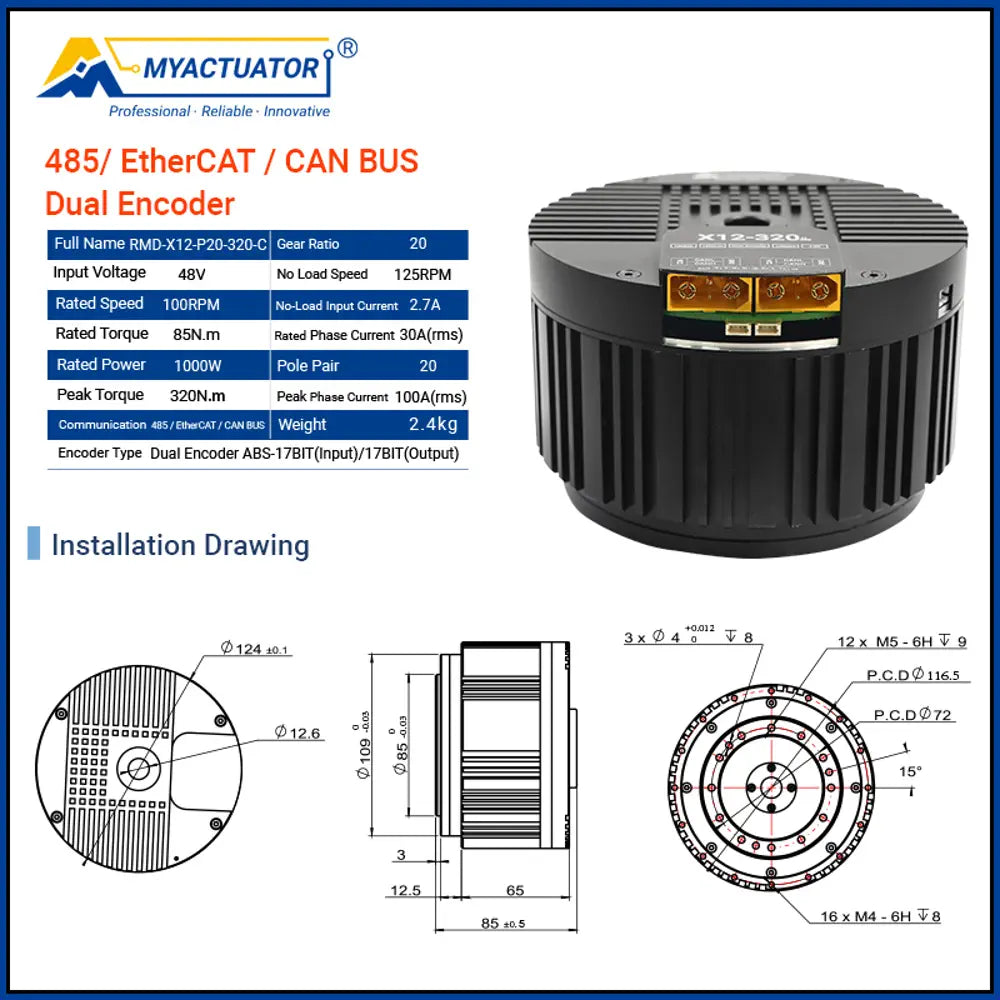 Myactuator DC MOTOR RMD-X12-320 EtherCAT New V4 High Torque 320N.M