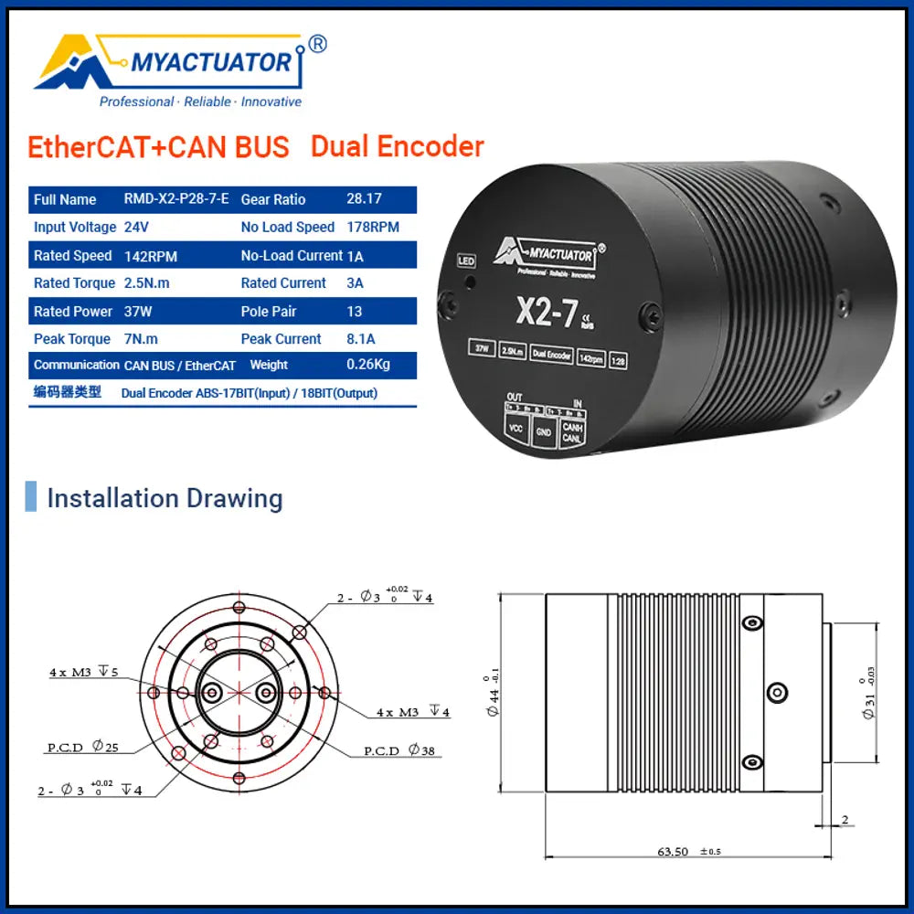 Planet Brushless Motor RMD-X2-7 Supports EtherCAT, High Dynamic Range, High Precision, Used for Humanoid Robot Joint Actuation