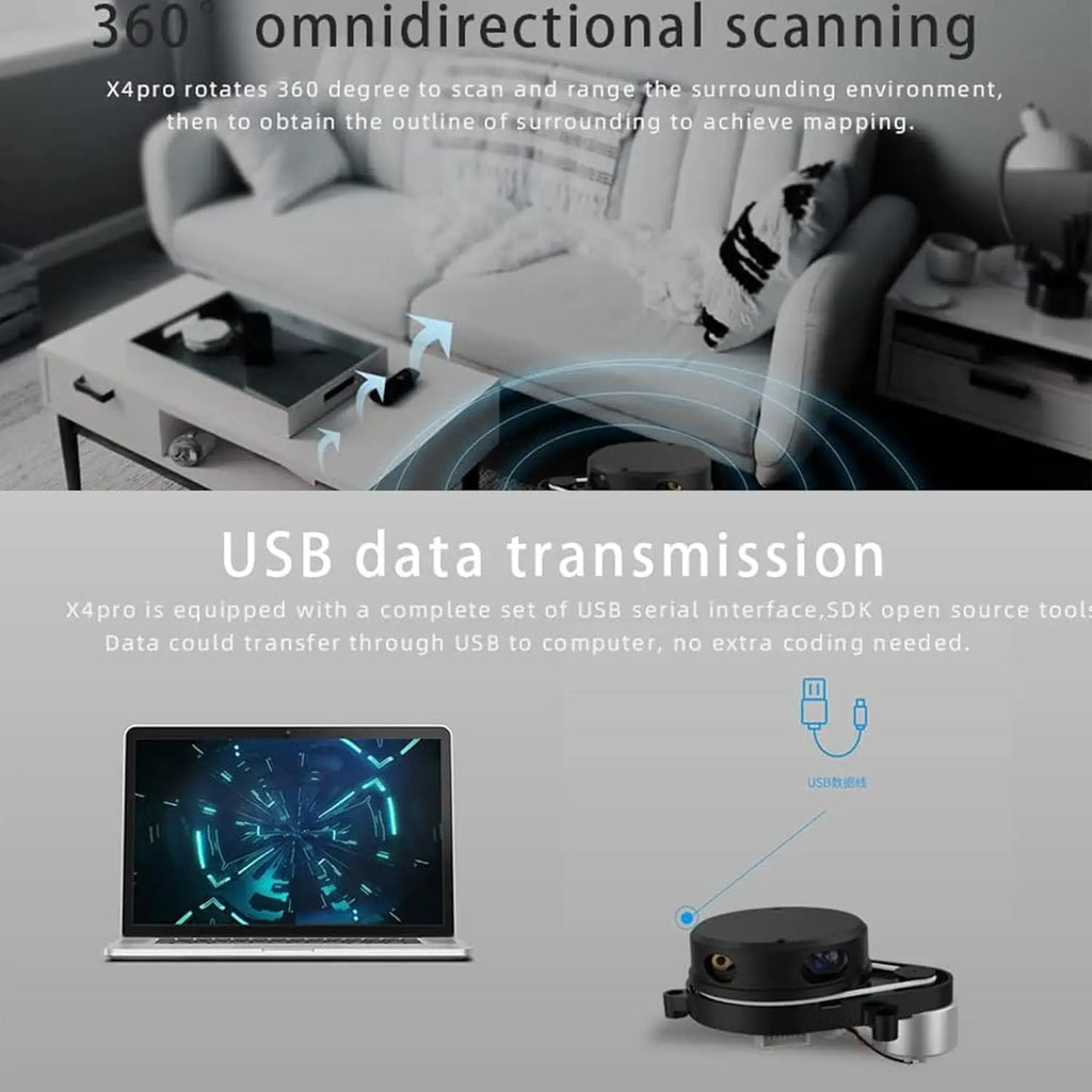 XiaoR GEEK YDLIDAR X4 Pro 360 Degree, 2D Laser Range Lidar Scanner, Triangular Ranging 10 Meters Scanning Radius