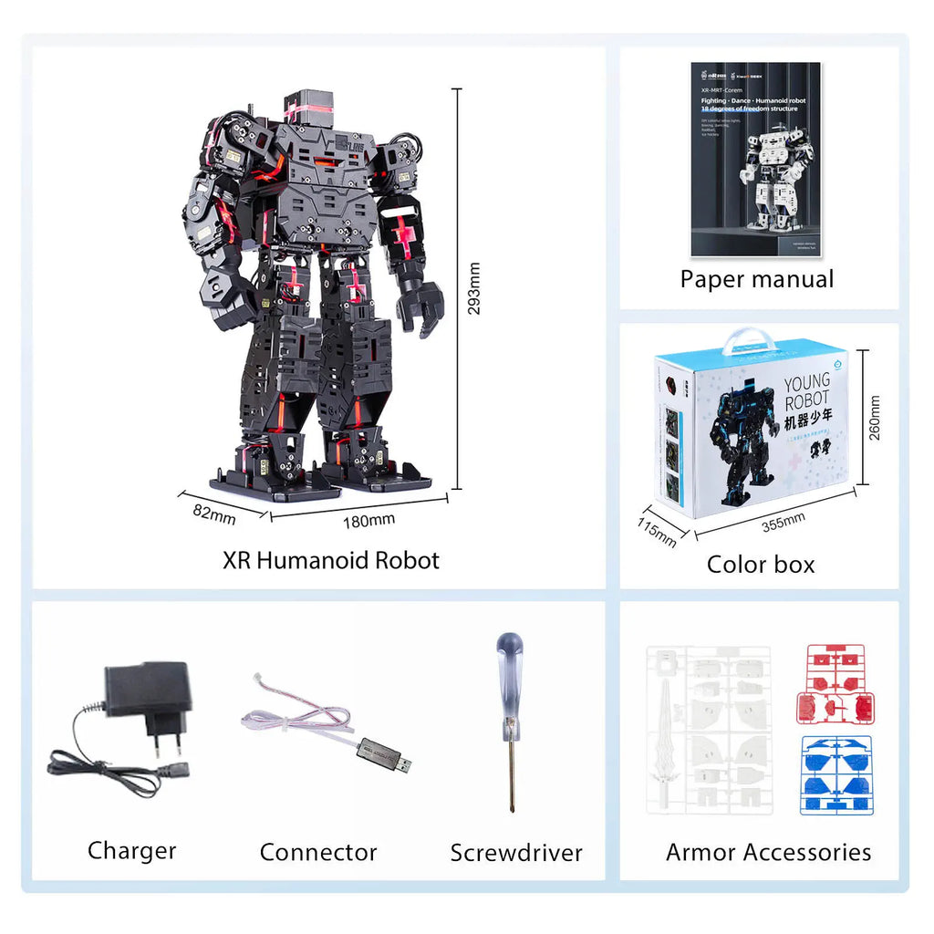 Humanoid Robot, Smart Boxing, Football, Dancing Robot, Graphical Programmable with Phone and Windows PC App, DIY Armored RC Robot with servo Lights