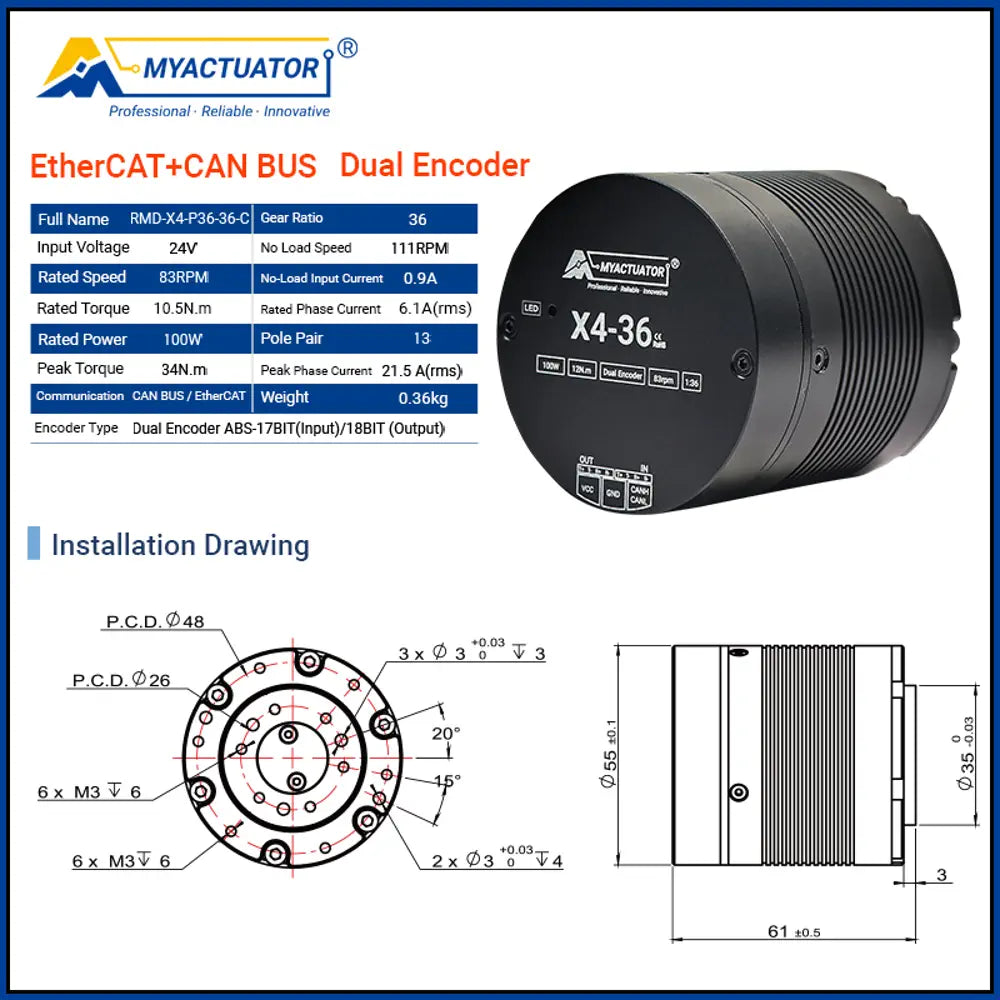 DC motor RMD-X4-36 Crossed roller bearing Robot motion control Precision grip EtherCAT high-speed communication