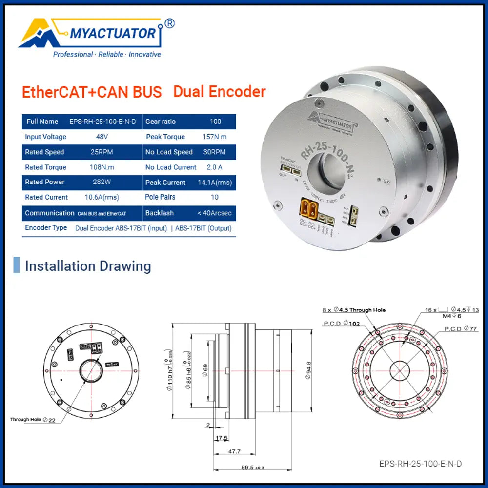MT RH-25 EtherCAT+CAN BUS Harmonic joint motor Robot joint motor Large hollow design High precision high torque harmonic reducer