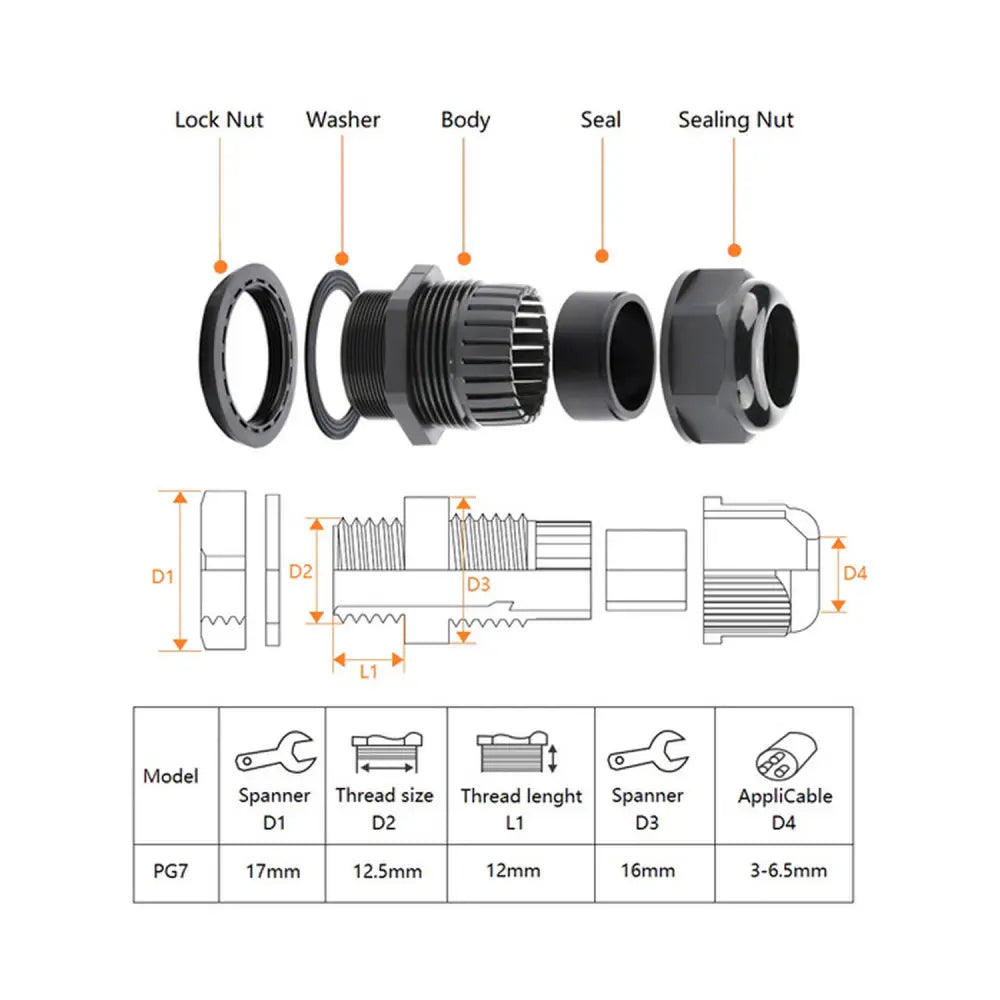 Waterproof Cable Gland PG-7 Size Black (5x)