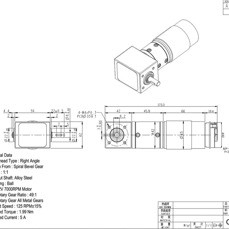 56RPM Right Angle Gear Motor w/ 13PPR Hall Sensor Encoder