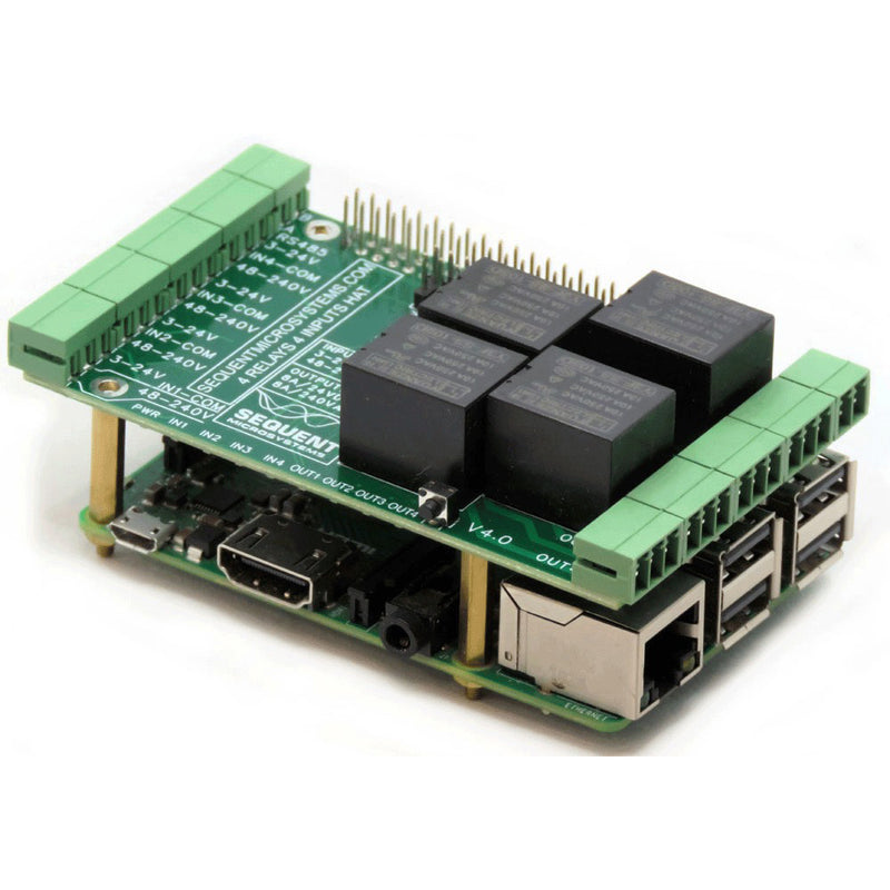 Sequent Microsystems 4 Relays 4 HV Inputs 8-Layer Stackable HAT for Raspberry Pi